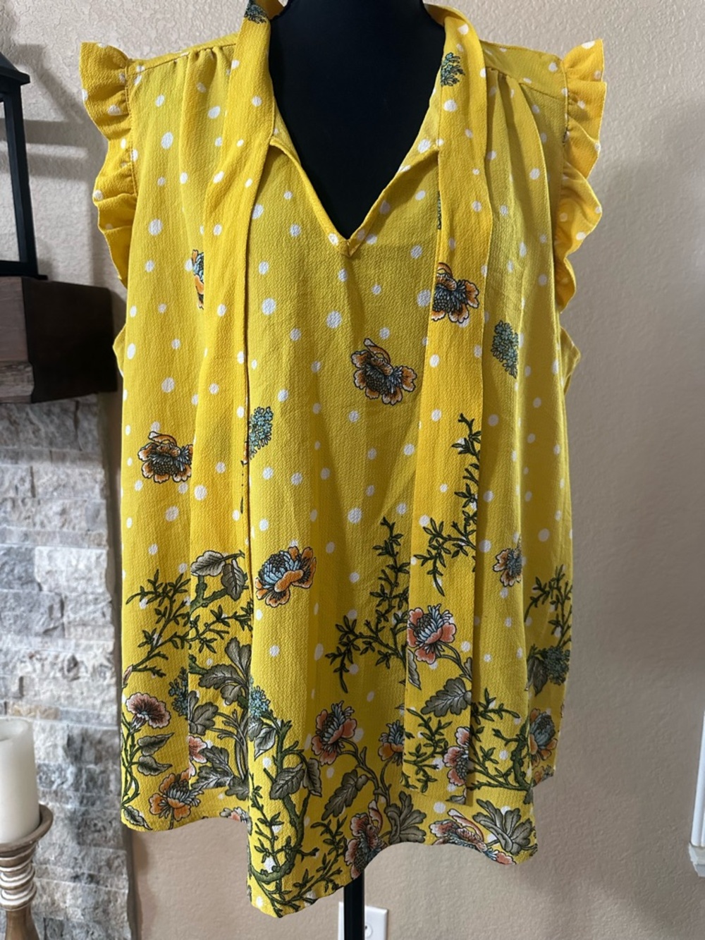 Zenobia XXL golden yellow polka dot blouse with flowers women’s summer shirt